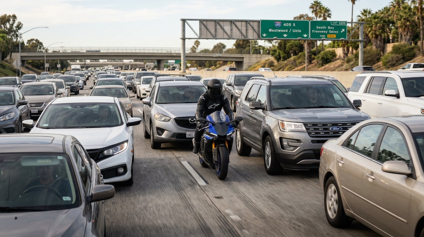 California lane splitting law showing motorcycle between lanes of traffic